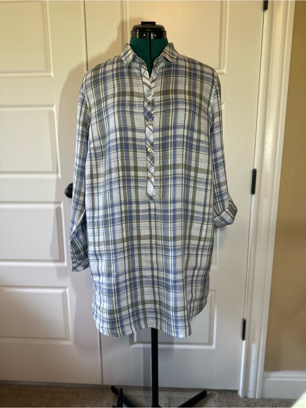 L.L. Bean 
Blue and Olive Plaid Button-Front Shirt Dress, M